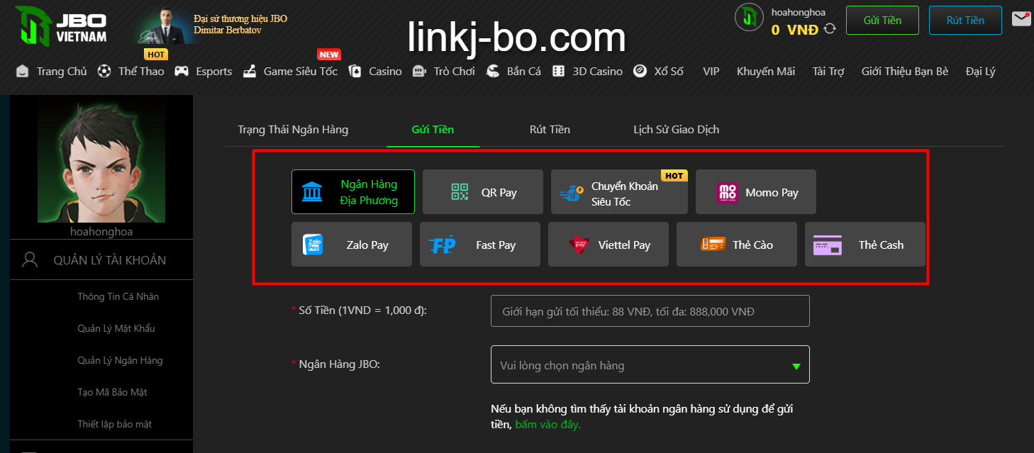Lựa chọn phương thức nạp tiền JBO hỗ trợ